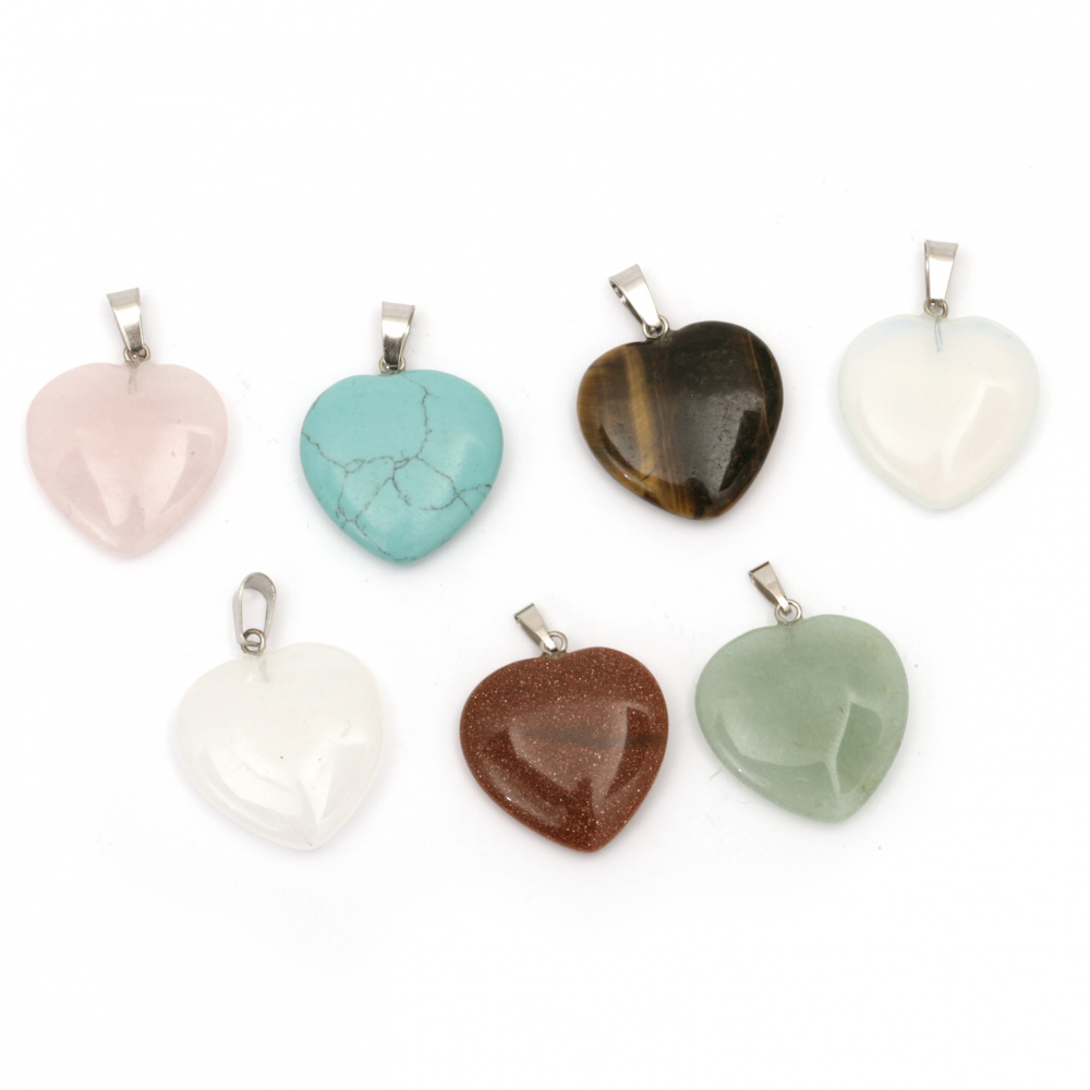 Pendant natural stone ASSORTED colors, heart shaped 25-35 mm