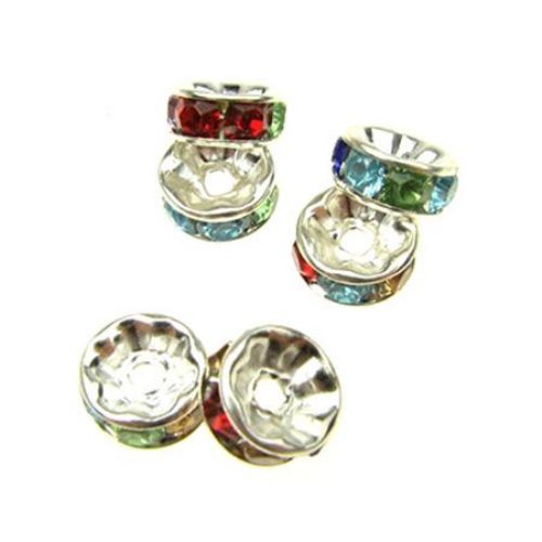 Metal washer with ASSORTED crystals 7x3 mm hole 1 mm color white -10 pieces