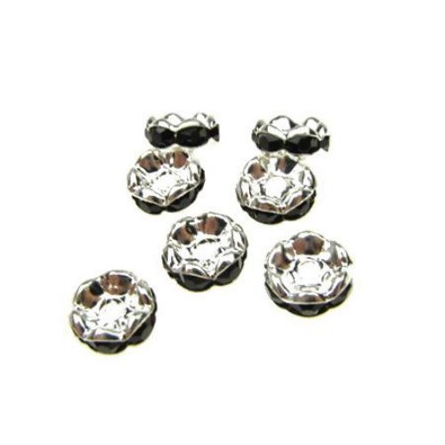 Metal disc with black crystals, zigzag, 8x3.5 mm, 1.5 mm hole, white color - 10 pieces