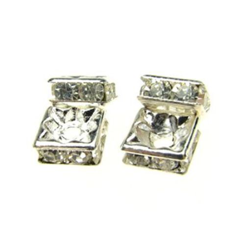 Square metal separator  bead with crystals 6x6x3 mm hole 1 mm (quality A) color silver - 4 pieces