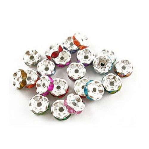 Jewelry findings, metal washer with colored crystals 8 mm hole 1.2 mm color silver - 4 pieces