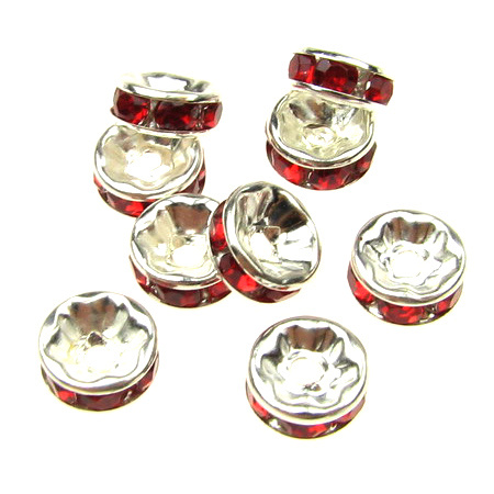 Шайба метал с кристали червени 8x3.5 мм дупка 1.5 мм цвят бял -10 броя