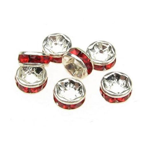 Metal disc bead divider with tiny red crystals 6 mm white - 10 pieces