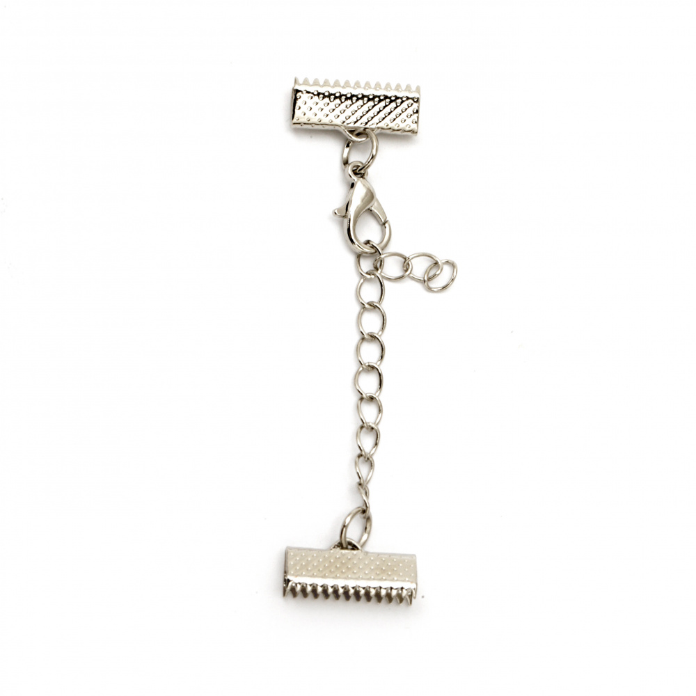 Set of Ribbon End Crimps with Chain and Lobster Claw Clasp / 16 mm, Chain: 50x4 mm / Silver