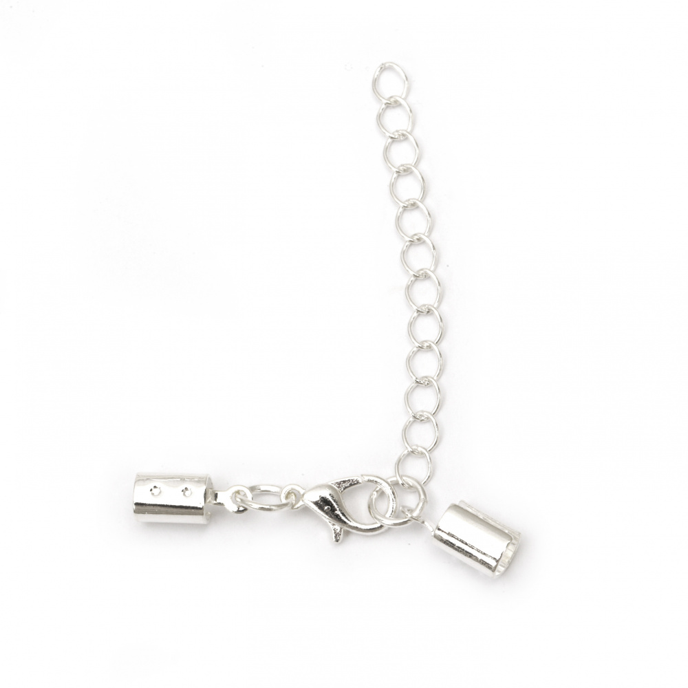 Set of Metal Clasp with Round Connectors: 12x5 mm and Chain:  50x4 mm / White Silver