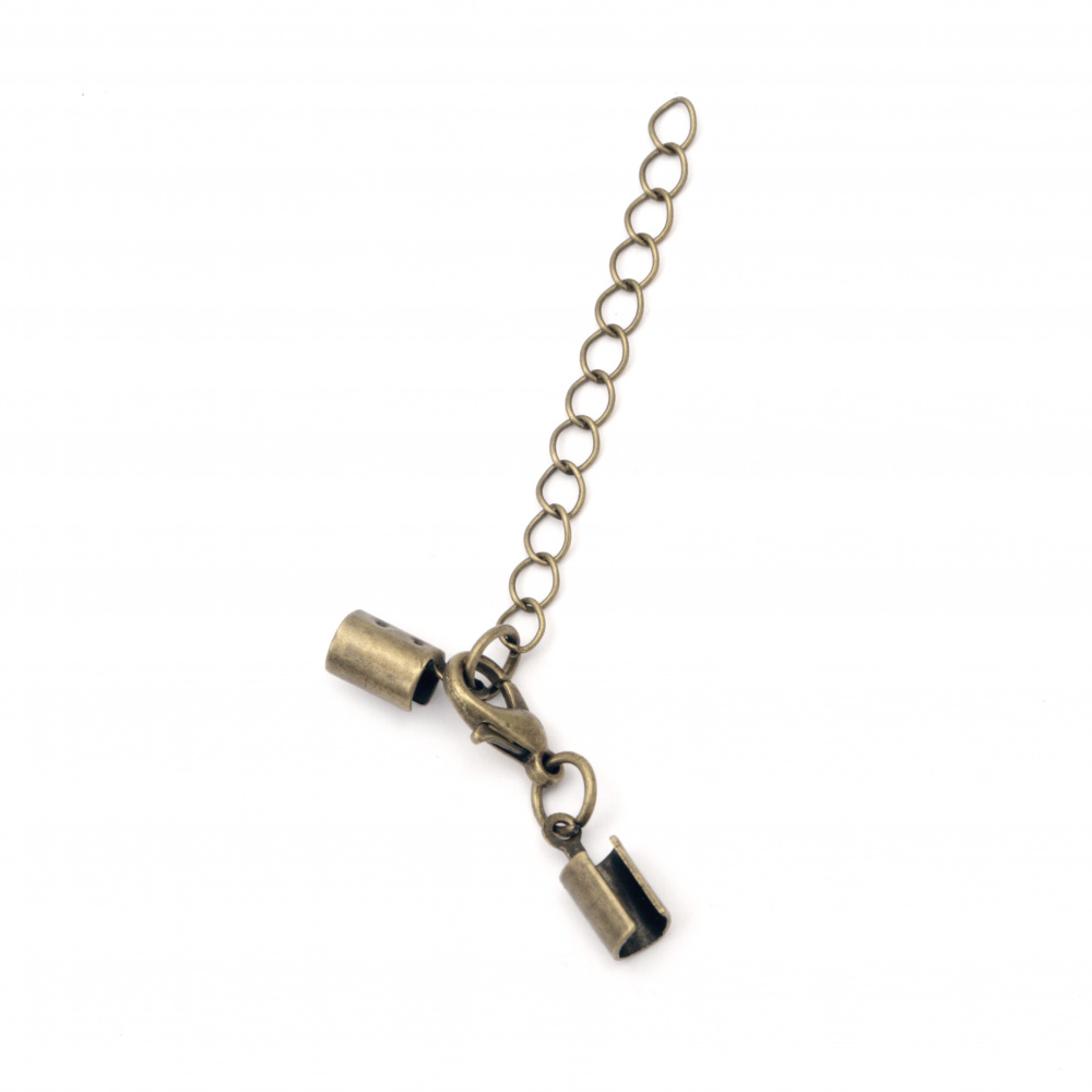 Lobster Claw Clasp with Cord End Tips and Chain / 12x5 mm, Chain: 50x4 mm / Antique Bronze