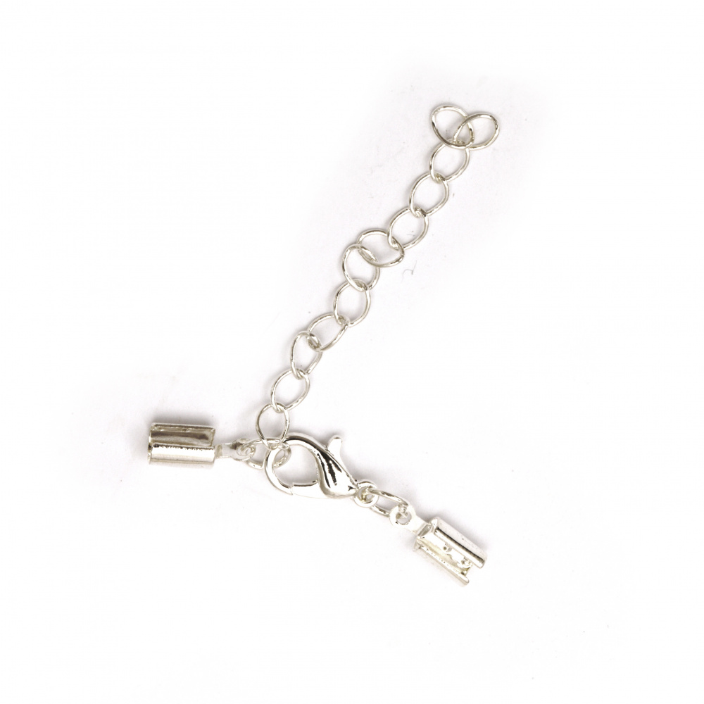 Set of Metal Clasp with Cord End Tips and Chain, 11x4 mm, Chain: 50x4 mm / White