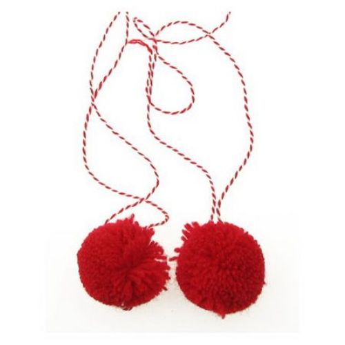 Red Pompoms with Twisted Cord for DIY Martenitsi / 40 mm - 2 pieces