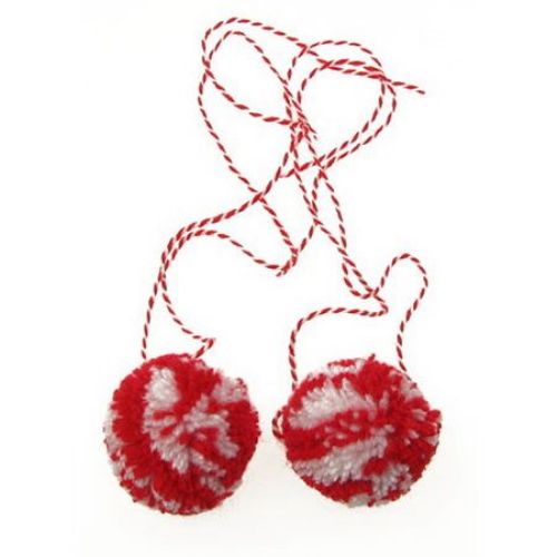 Two-tone Pompoms with twisted Cord for DIY Martenitsi / Red and White / 40 mm - 2 pieces