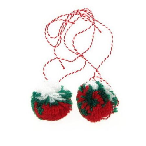 Tricolor Pompoms (White, Green, Red) with Twisted Red and White Cord / 40 mm - 2 pieces