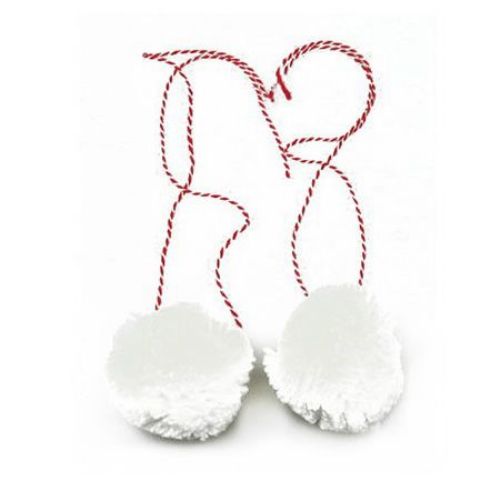 White Pompoms with Twisted Red and White Cord / 55 mm - 2 pieces