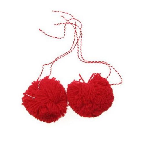 Red Pompoms with Twisted Red and White Cord / 55 mm - 2 pieces