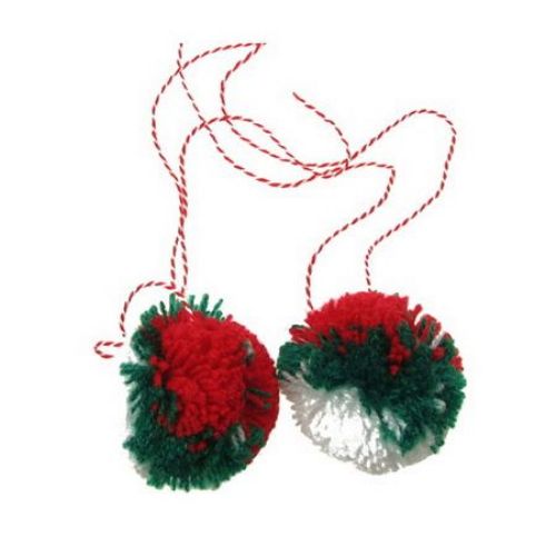 Tricolor Pompoms (White, Green, Red) with Twisted Cord / 55 mm - 2 pieces