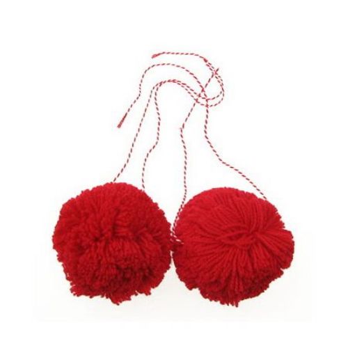 Red Pompoms with Twisted Red and White Cord / 80 mm - 2 pieces