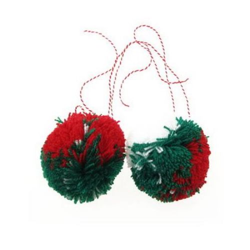 Tricolor Pompoms (White, Green, Red) with Twisted Red and White Cord / 80 mm - 2 pieces