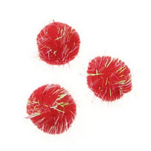 Red Glitter Pompoms with Rainbow Lame Metallic Thread / 25 mm - 50 pieces