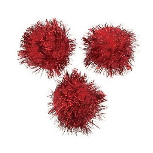 Red Glitter Pompoms with Metallic Thread for DIY Martenitsi, Christmas Decoration, etc. / 34.5 mm - 10 pieces