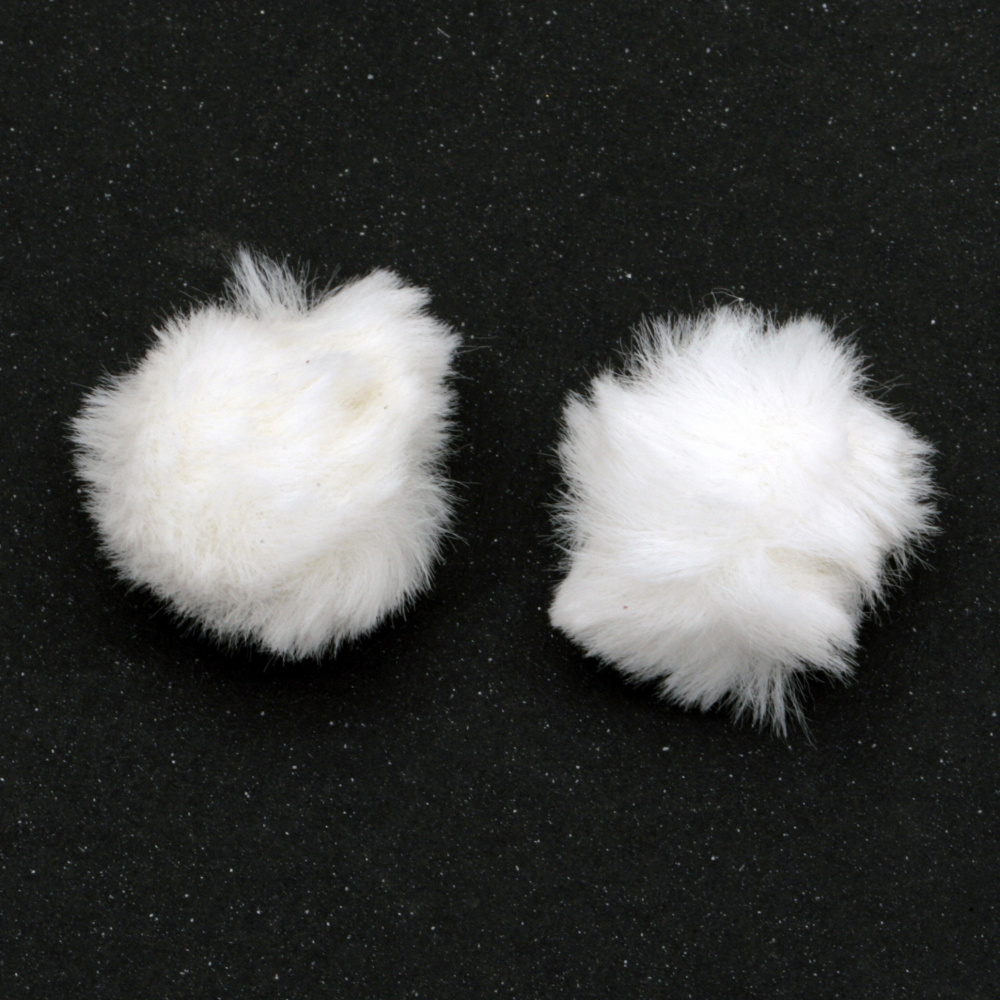 Faux Leather Fluffy Pom Poms for Fashion Accessories, Key chains, Jewelry / 25 mm / White - 2 pieces