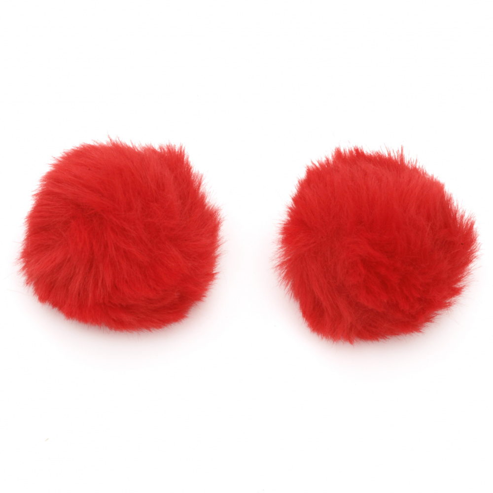Faux Leather Fluffy Pom Poms for Fashion Accessories / 40 mm / Red - 2 pieces