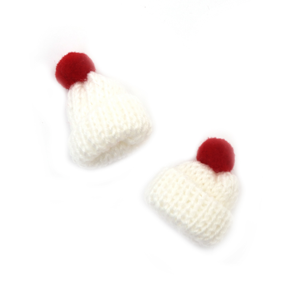 Small Mini Knitting Pompom Hats, Element for Decoration, DIY Craft or Toys, Size: 35x45 mm, color White, Red - 5 pieces