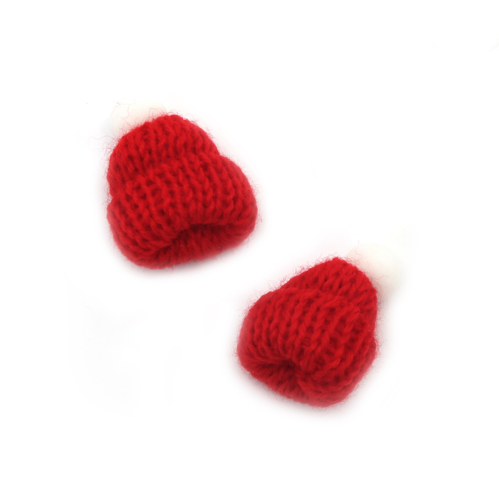 Small Mini Knitting Pom Pom Hats, Element for Decoration, DIY Craft or Toys, Size: 35x45 mm color red, white - 5 pieces, miniature tiny knitted cap