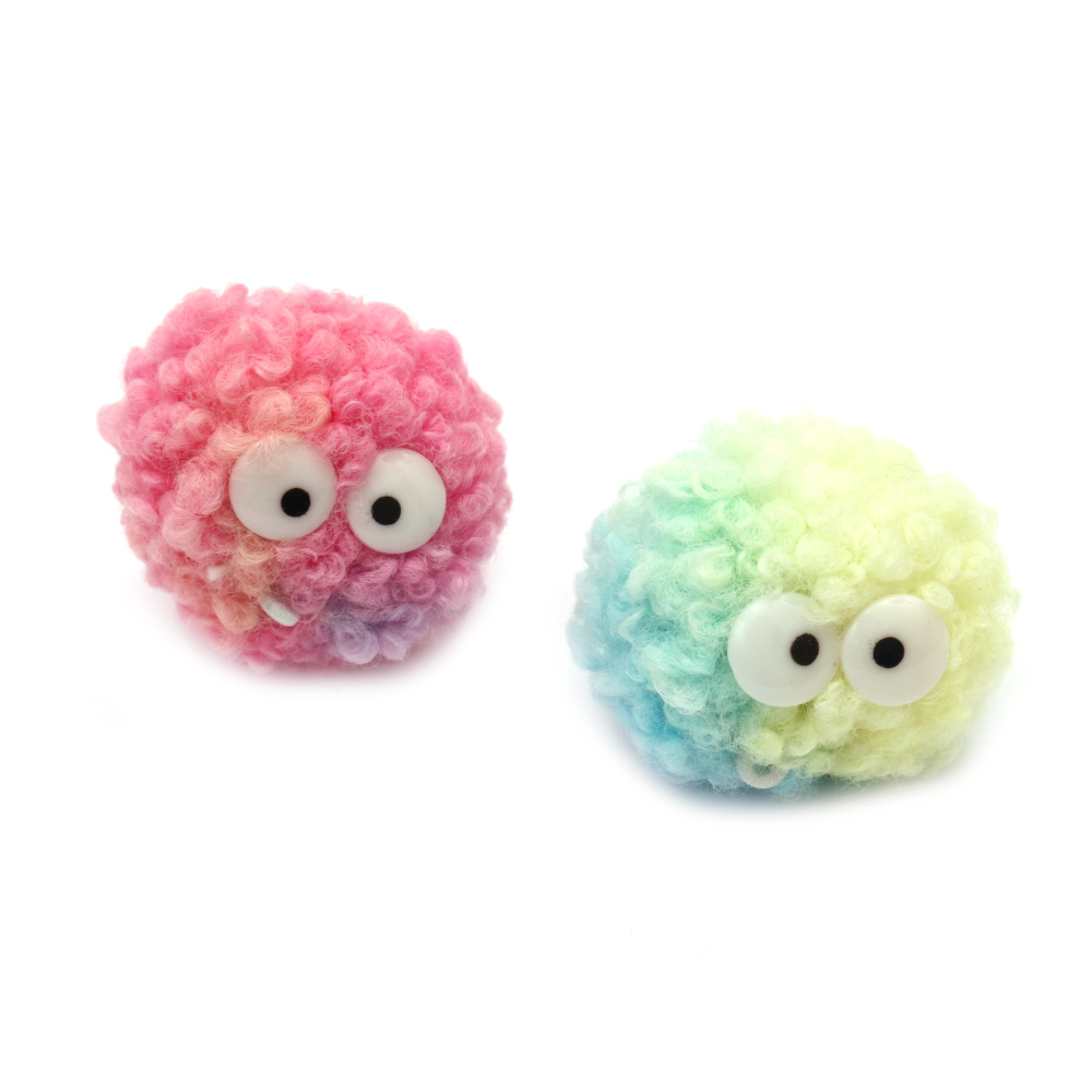 2Pcs Multicolored Pom Poms with Eyes and Pendant, Size: 50 mm, Color Multicolored - 2 pieces for Kids Decorations, Arts and Craft Projects