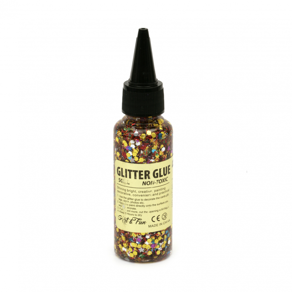 Glitter Glue Non-Toxic Decoration DIY, 50 ml, with mix shapes, main color Gold