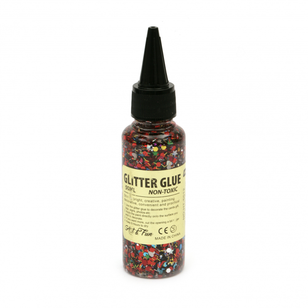 Glitter Glue Non-Toxic Decoration DIY, 50 ml, with mix shapes, main color Red