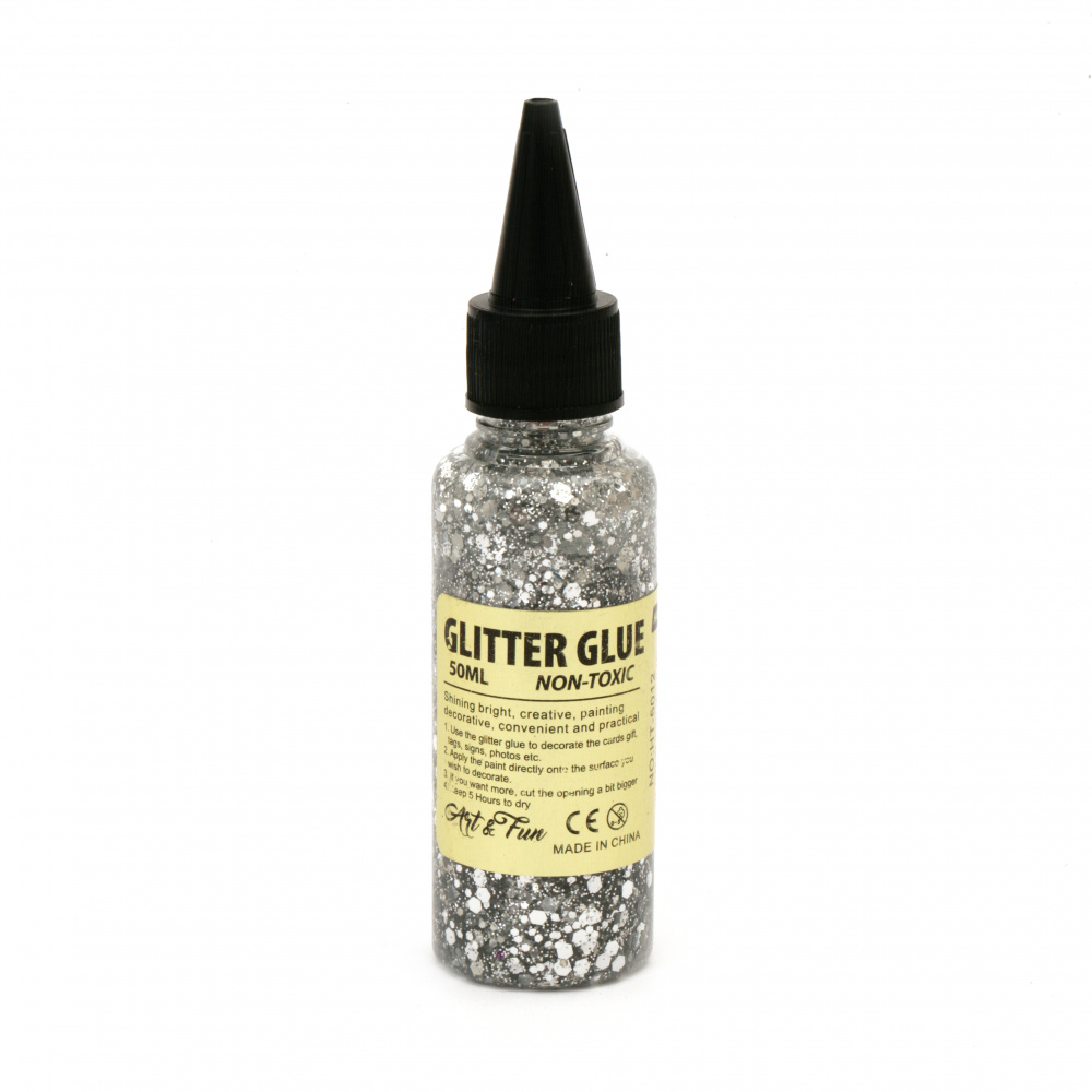 Glitter Glue with Hexagon and Dots for Arts and Crafts, Silver color, 50 ml
