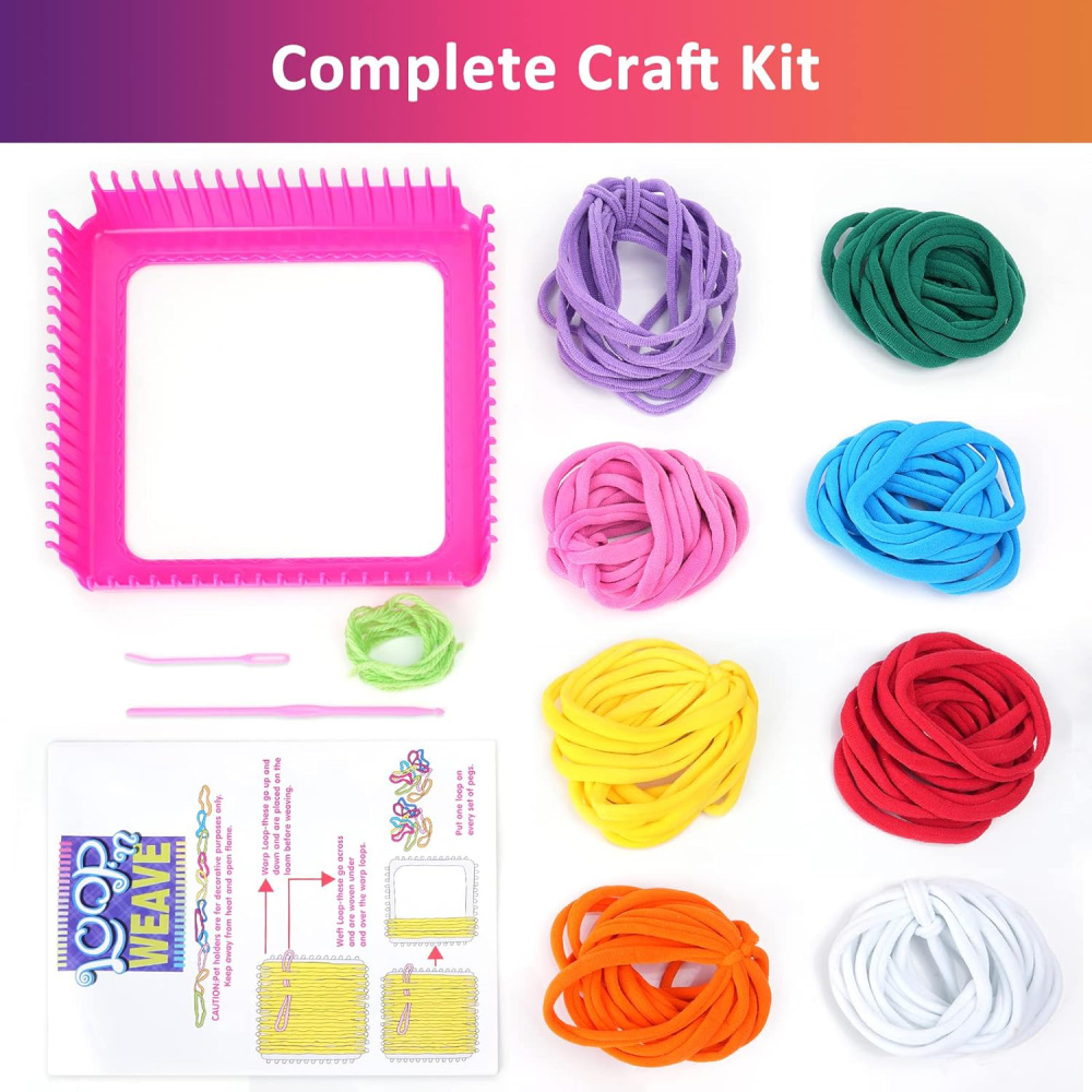 Weaving Loom 18.5x18.5x3 cm, Set Includes 90 Loops in 6 Colors, Yarn, Crochet Hook, and Needle, Suitable for Purses, Bracelets, Coasters, and More