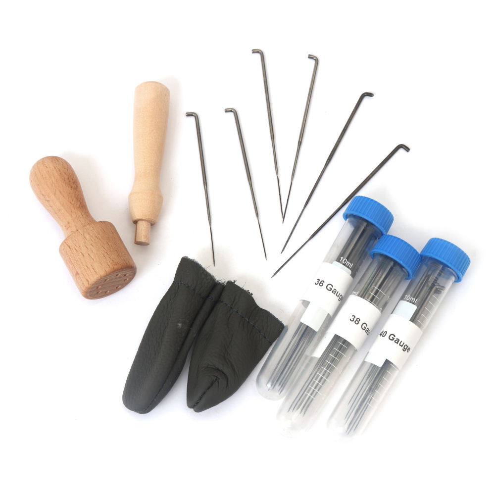 Set de unelte pentru împâslire cu ace mărimile 36/38/40, suporturi și protecții
