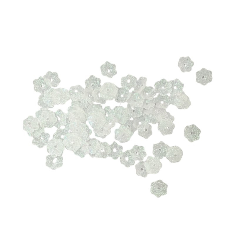 Cekiny w kształcie dzwoneczków 8×1,5 mm, białe z tęczowym brokatem, 20 g