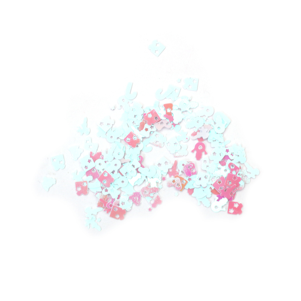 Mix cekinów i elementów dekoracyjnych – motywy bożonarodzeniowe, ~5x6 mm, mleczna biel z tęczowym połyskiem, 20 g