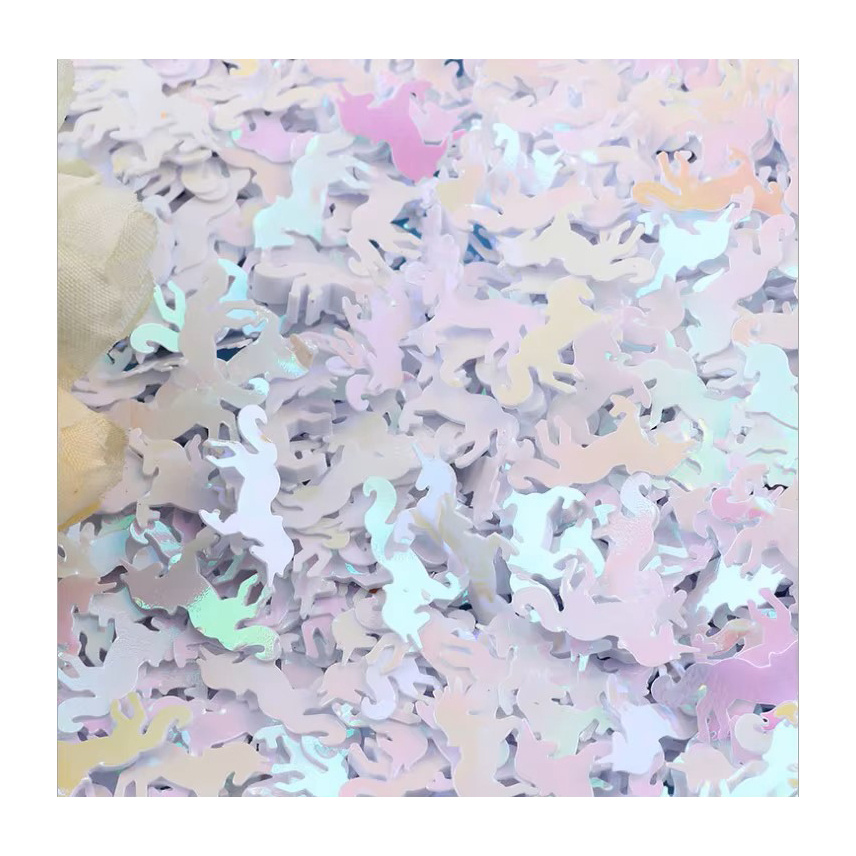 Irydyzujące holograficzne konfetti w kształcie jednorożców — pastelowe folie PET, mini sylwetki do dekoracji stołu i rękodzieła, dekoracje imprezowe, scrapbooking, wypełniacz do shakerów