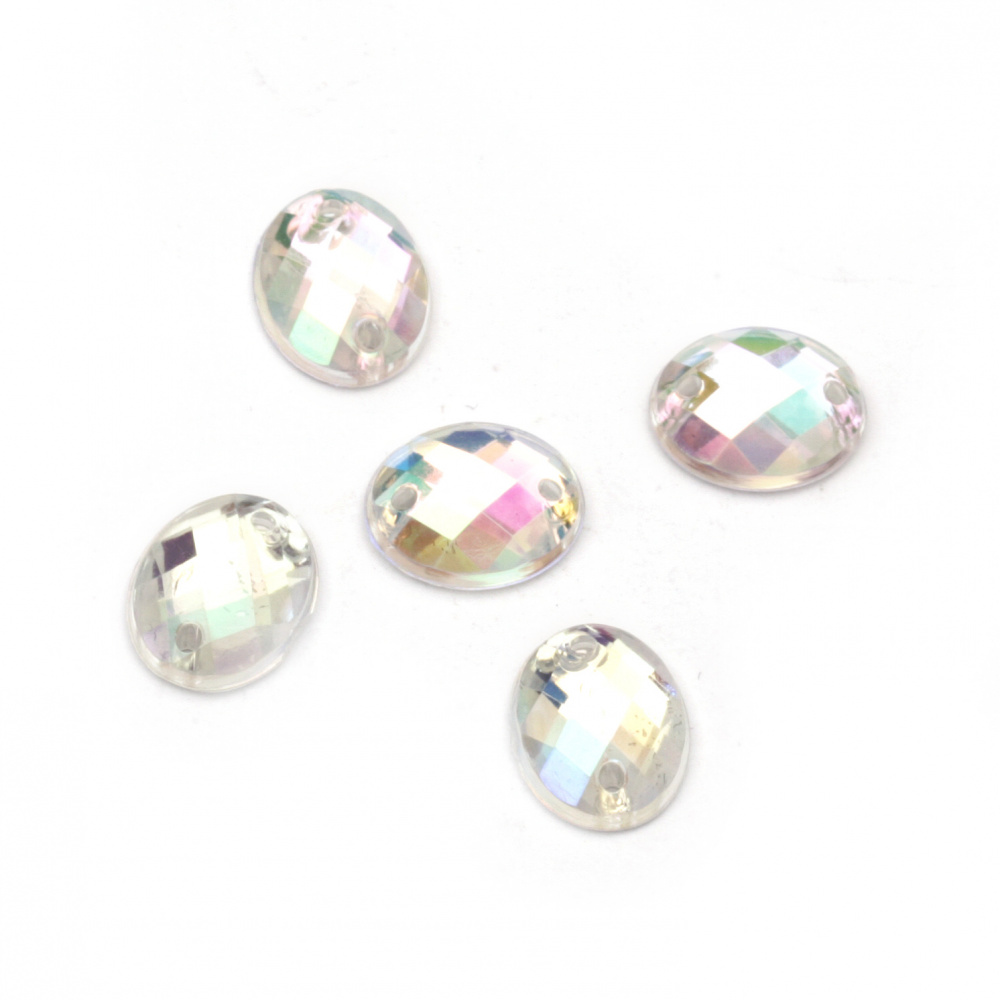 Acrylic Sew-On Rhinestones, 8x10 mm Oval, Transparent White with Rainbow Sheen, Faceted - 50 Pieces