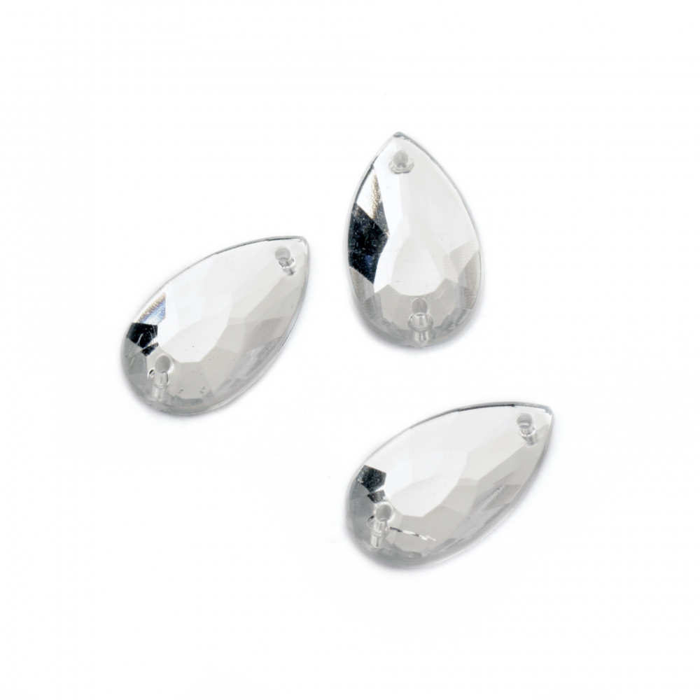 Acrylic Sew-On Rhinestones, 11x20 mm Teardrop, Transparent White, Faceted - 25 Pieces