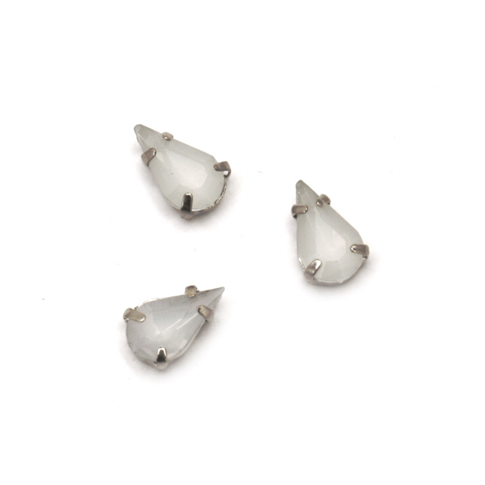 Acrylic stone for sewing with metal base 6x10 mm drop, first quality, milky white - 20 pieces