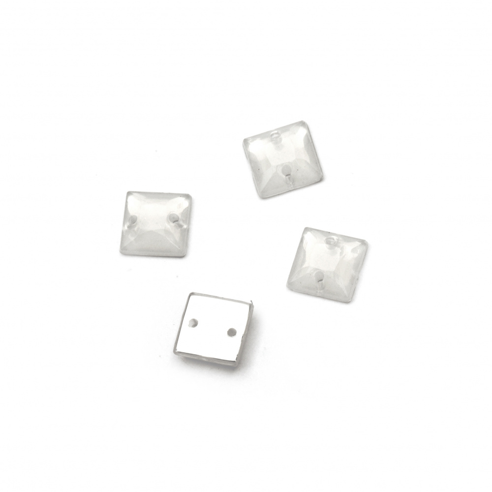 Acrylic stone for sewing 8x8x3 mm square transparent milky white, faceted - 50 pieces