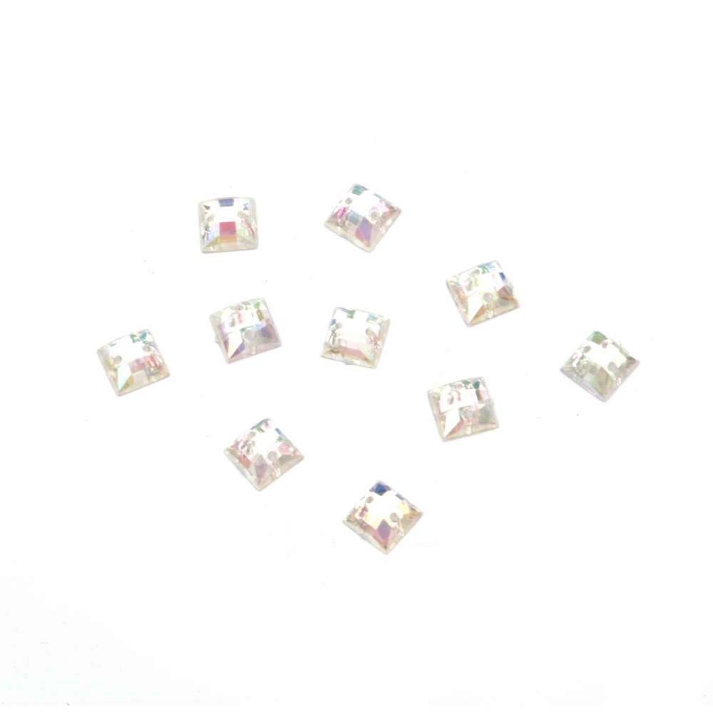 Acrylic stone for sewing 6x6 mm white square  transparent rainbow, faceted - 50 pieces