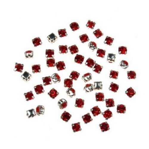 Stone for sewing with metal base 3x3 mm hole 1 mm extra quality, red - 20 pieces