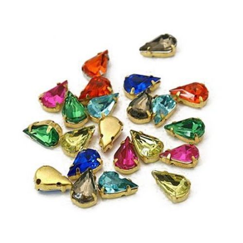 Acrylic Stone for sewing with metal base, color gold 6x10x5 mm hole 1 mm, drop mix - 10 pieces