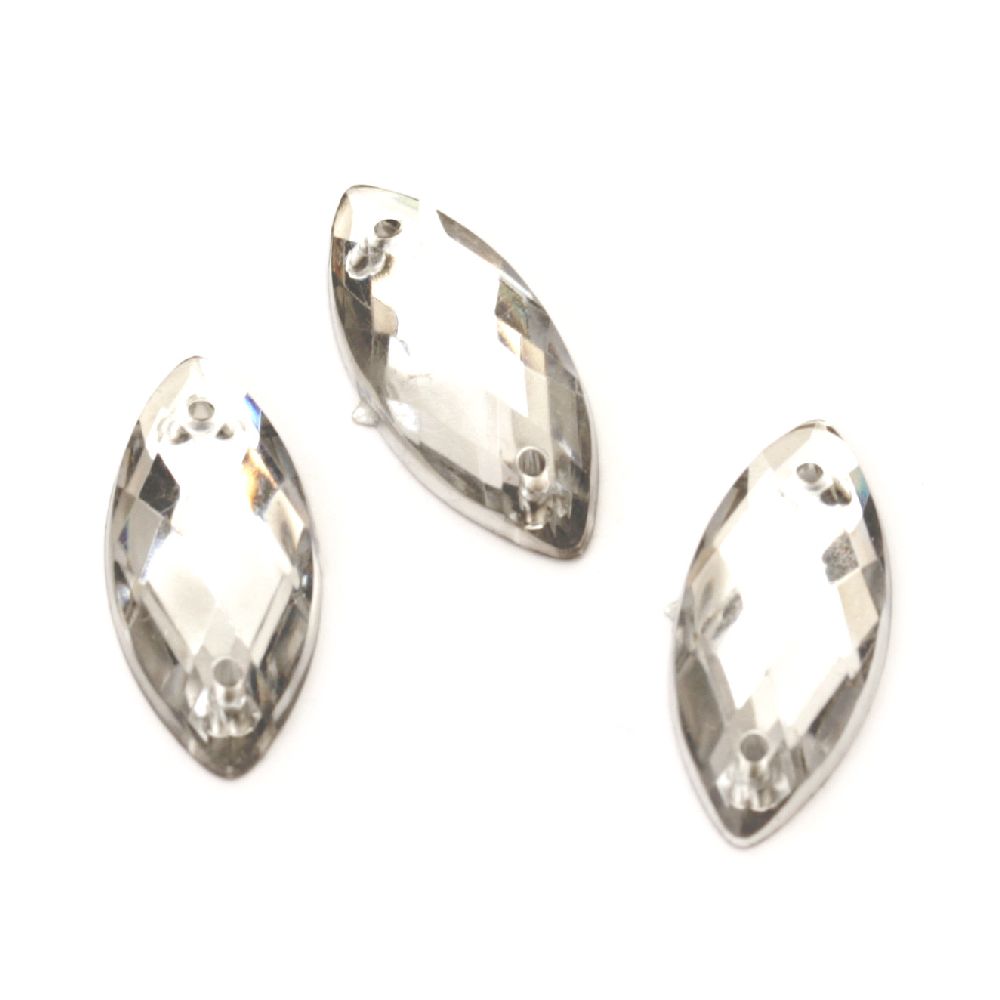 Акрилни камъчета за пришиване 10x23 мм листо цвят бял фасетиран - 20 броя