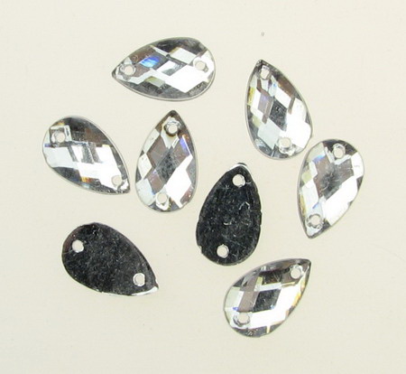 Acrylic Sew-On Rhinestones, 8x13 mm Teardrop, White, Faceted - 50 Pieces