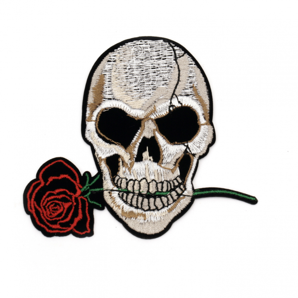 Fabric Sticker 100x90 mm Embroidered skull with rose