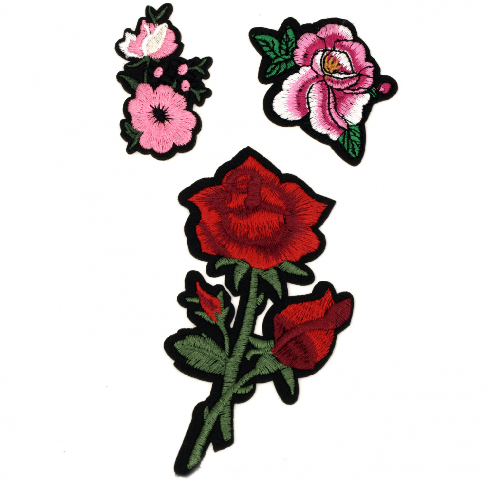 Fabric Stickers  35~115 mm Embroidered mixed flowers - 3 pieces 