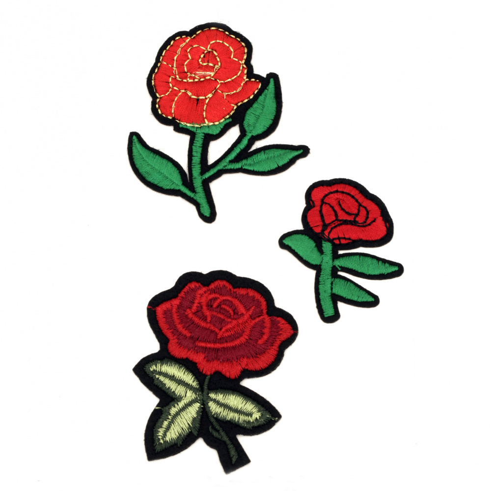 Fabric Stickers  30~60 mm Embroidered mixed roses - 3 pieces 