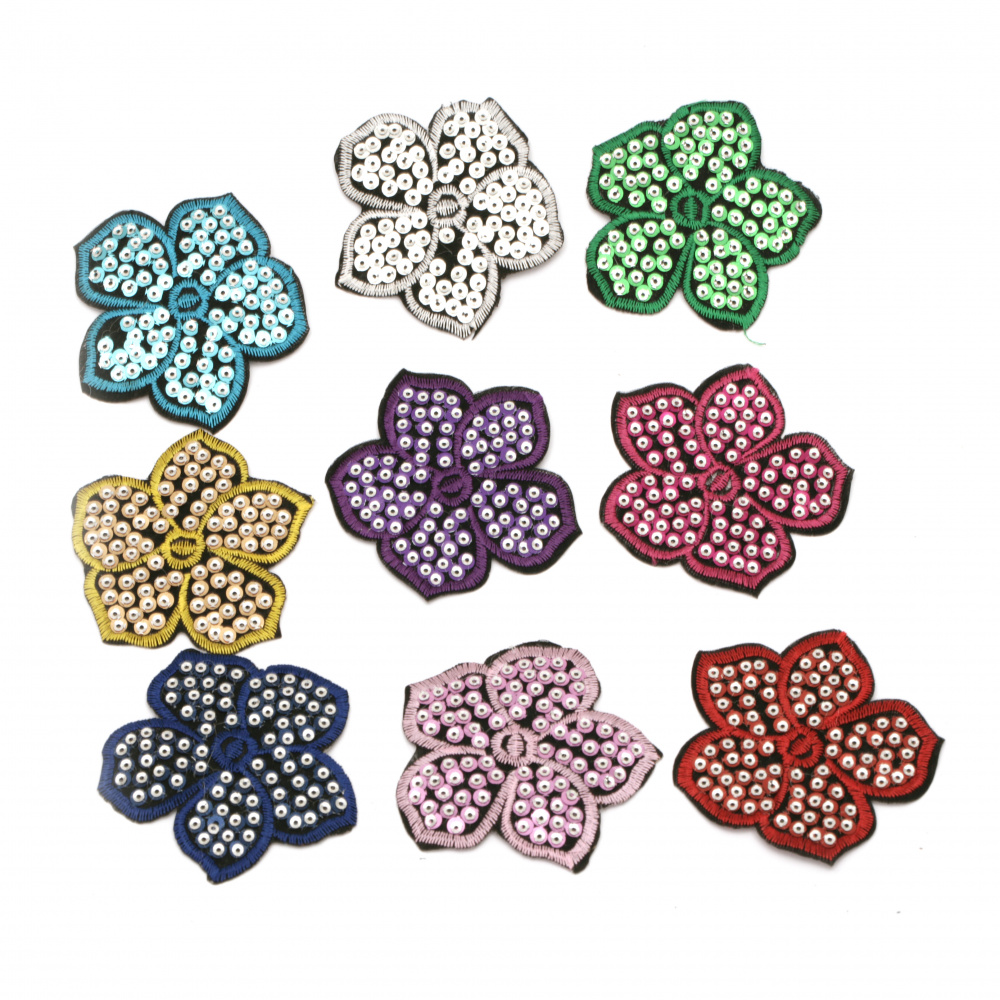 Fabric Stickers  70x70 mm Flower with assorted sequins