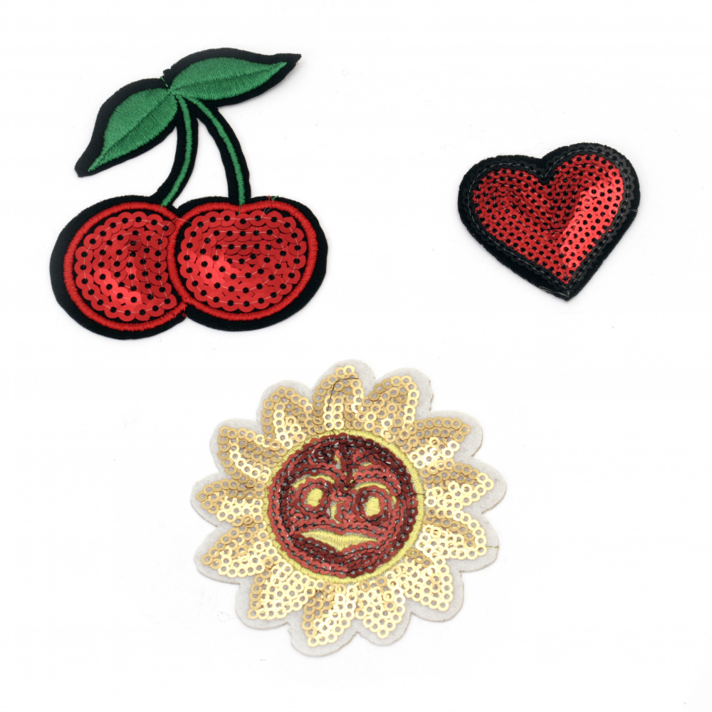 Fabric Stickers e 3 pieces 45 ~ 80 mm cherries heart sun with sequins