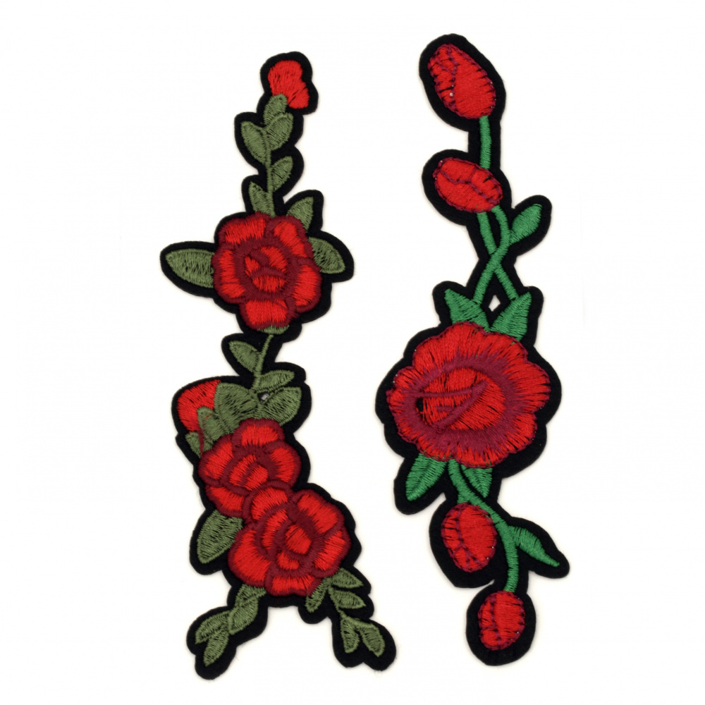 Fabric Stickers  40~140 mm Embroidered red roses - 2 pieces