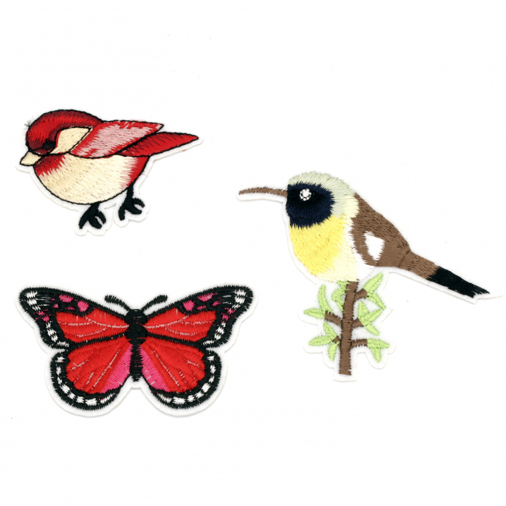 Fabric Stickers  60~70 mm Embroidered  chicks and butterfly - 3 pieces
